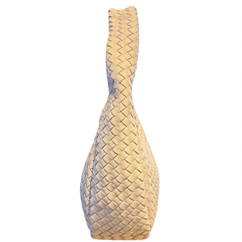Woven Genuine Soft Braided Leather Luxury Hobo Bag Ivory Cream Shoulder Purse